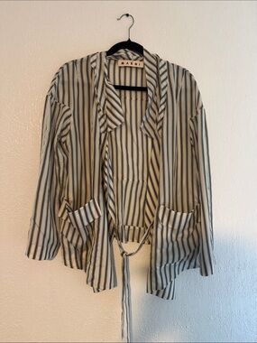 Marni Cream and Black Striped Tie-Waist Blouse